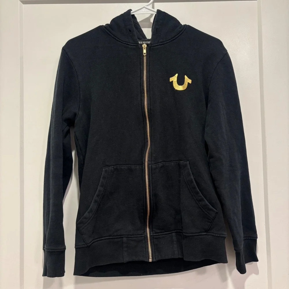 True Religion Mens Black Gold Horseshoe Logo Zip Up Hoodie Sweatshirt Size S/P